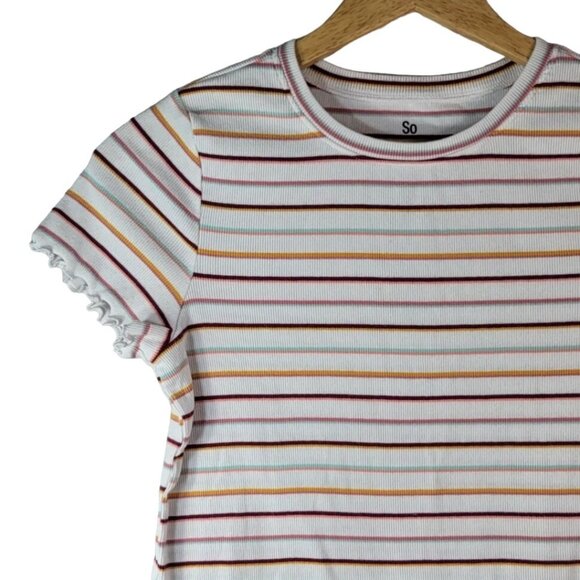 2/$15 SO Striped Top Multi Size 14 XL Round Neck Curly Lettuce Hem Trim Pullover - Picture 2 of 6